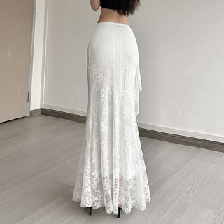 Lace ruffle irregular maxi skirt