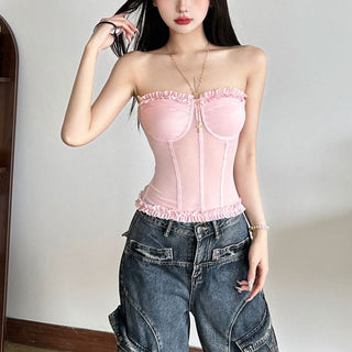 Sweetheart neck ruffle mesh backless top