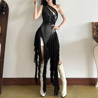 One shoulder mesh patchwork ruffle abstract 2 piece mini dress