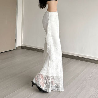 Lace ruffle irregular maxi skirt