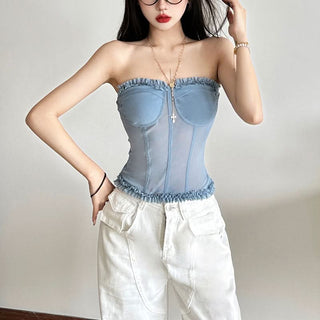 Sweetheart neck ruffle mesh backless top