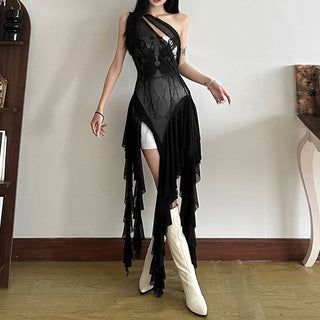 One shoulder mesh patchwork ruffle abstract 2 piece mini dress