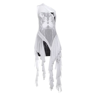 One shoulder mesh patchwork ruffle abstract 2 piece mini dress