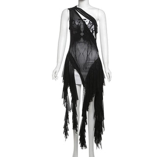 One shoulder mesh patchwork ruffle abstract 2 piece mini dress