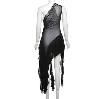 One shoulder mesh patchwork ruffle abstract 2 piece mini dress