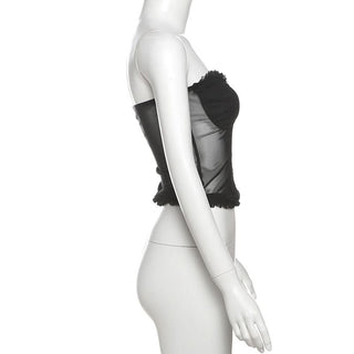 Sweetheart neck ruffle mesh backless top