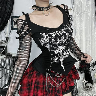 Off shoulder fishnet abstract top