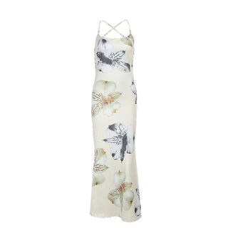 Flower print cross back lace up cami maxi dress
