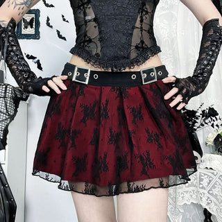 Pleated lace buckle mini skirt