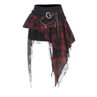 Plaid irregular lace hem metal chain mini skirt