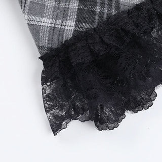 Plaid lace hem lace up cami mini dress