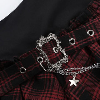 Plaid irregular lace hem metal chain mini skirt