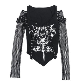 Off shoulder fishnet abstract top