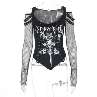 Off shoulder fishnet abstract top