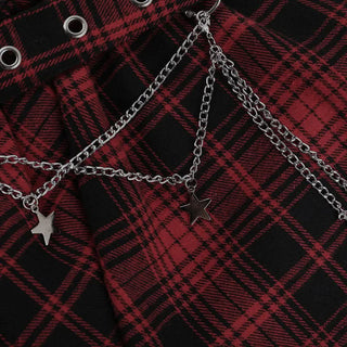 Plaid irregular lace hem metal chain mini skirt