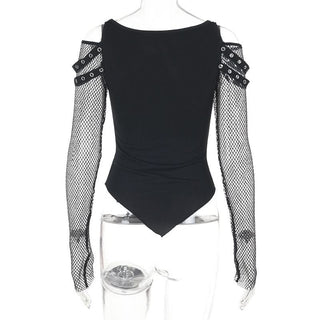 Off shoulder fishnet abstract top