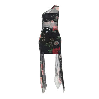 One shoulder flower print mesh hollow out cut out mini dress