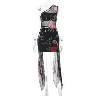 One shoulder flower print mesh hollow out cut out mini dress