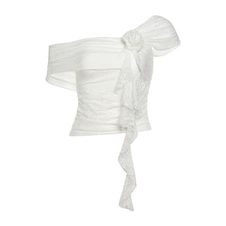 Off shoulder flower applique lace ruffle top