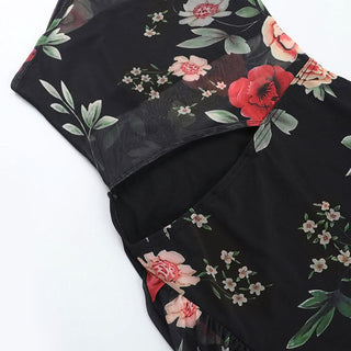 One shoulder flower print mesh hollow out cut out mini dress