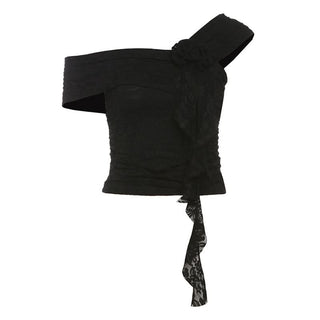 Off shoulder flower applique lace ruffle top