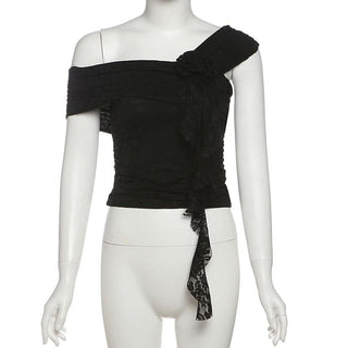 Off shoulder flower applique lace ruffle top