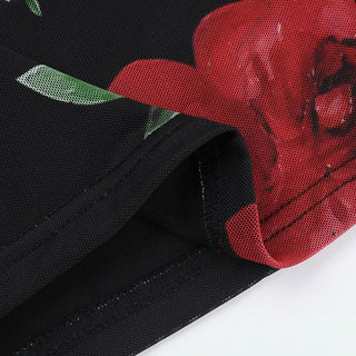 One shoulder flower print mesh hollow out cut out mini dress