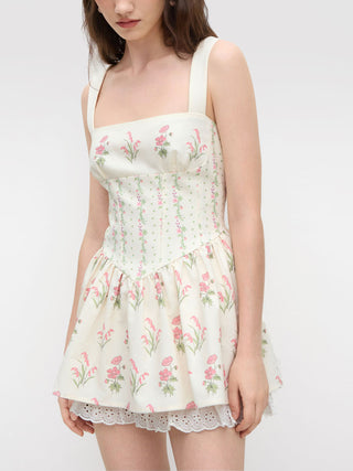 Linen-blend Floral Broderie Anglaise Trim Layered Lace Up Mini Dress