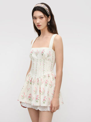 Linen-blend Floral Broderie Anglaise Trim Layered Lace Up Mini Dress