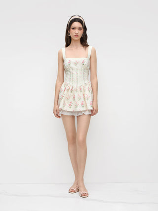 Linen-blend Floral Broderie Anglaise Trim Layered Lace Up Mini Dress