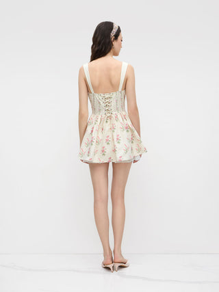 Linen-blend Floral Broderie Anglaise Trim Layered Lace Up Mini Dress