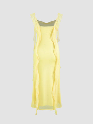 Cowl Neck Solid Glitter Ruffle Hem Maxi Dress