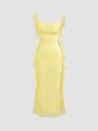 Cowl Neck Solid Glitter Ruffle Hem Maxi Dress