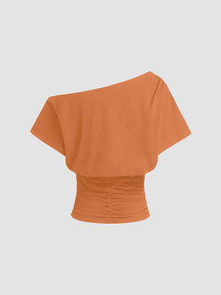 Cotton-blend Asymmetrical Neck Ruched Tee
