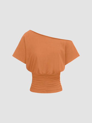 Cotton-blend Asymmetrical Neck Ruched Tee