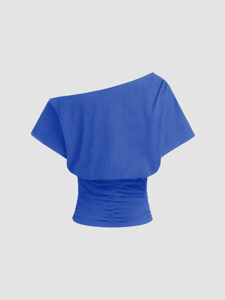 Cotton-blend Asymmetrical Neck Ruched Tee