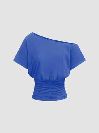 Cotton-blend Asymmetrical Neck Ruched Tee