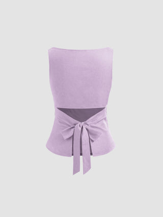 Linen-blend Boat Neckline Solid Bowknot Tank Top