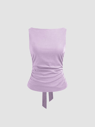 Linen-blend Boat Neckline Solid Bowknot Tank Top
