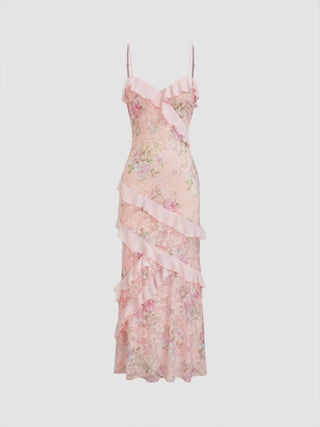 Lace V-neck Floral Ruffle Maxi Dress