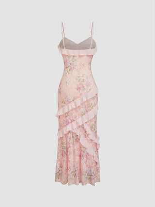 Lace V-neck Floral Ruffle Maxi Dress