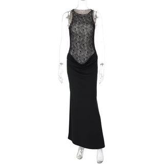 Crewneck lace patchwork ruched maxi dress