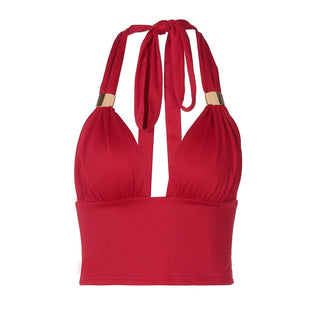 Ruched halter self tie v neck backless top