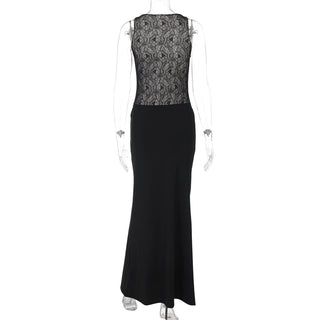 Crewneck lace patchwork ruched maxi dress