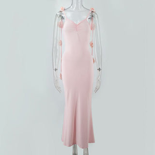 Ruched flower applique v neck cami maxi dress