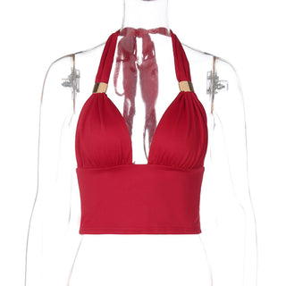 Ruched halter self tie v neck backless top