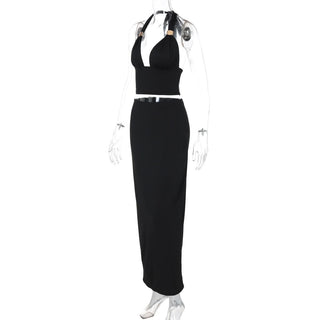 Ruched halter self tie v neck maxi skirt set