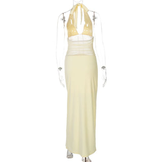 Halter self tie v neck ruched mesh maxi dress