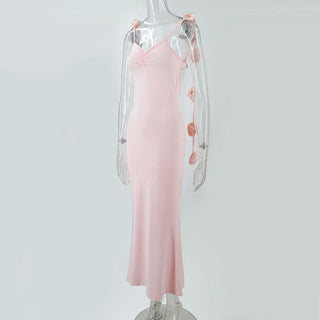 Ruched flower applique v neck cami maxi dress