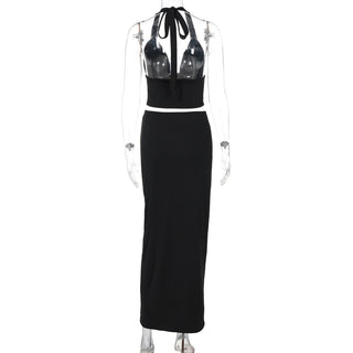Ruched halter self tie v neck maxi skirt set